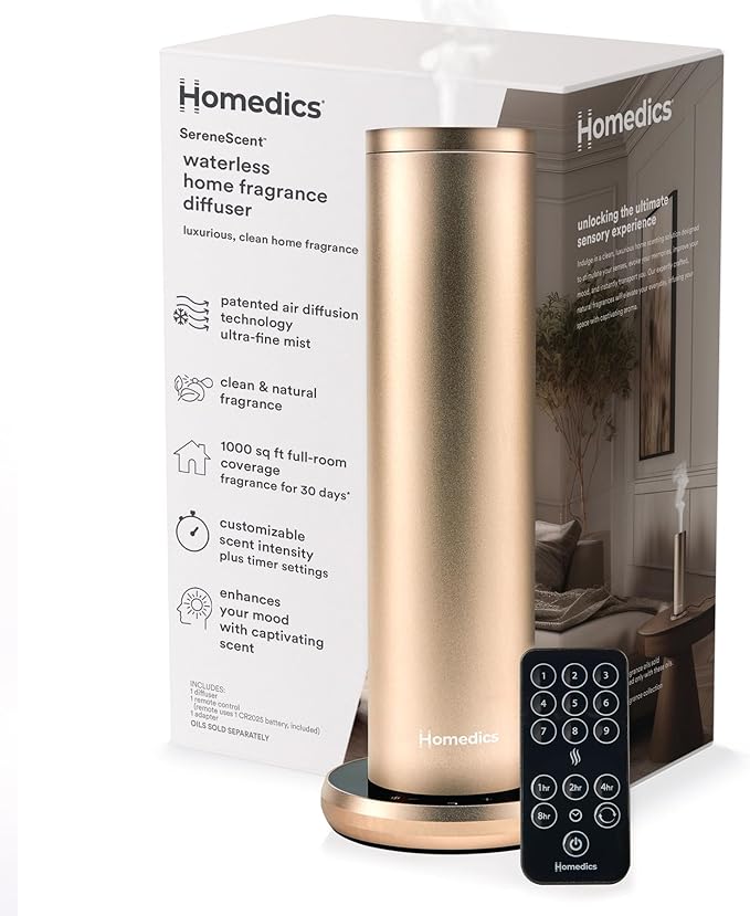 Homedics SereneScent Waterless Essential Oil Diffuser, Home Fragrance Scent Diffuser for Large Rooms, No Water Needed, Pat...