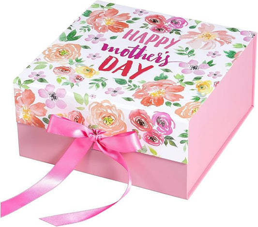 RUSPEPA Mother's Day Floral Gift Box with Magnetic Closure Lid, Pink Watercolor Floral with Happy Mother's Day Text Decora...