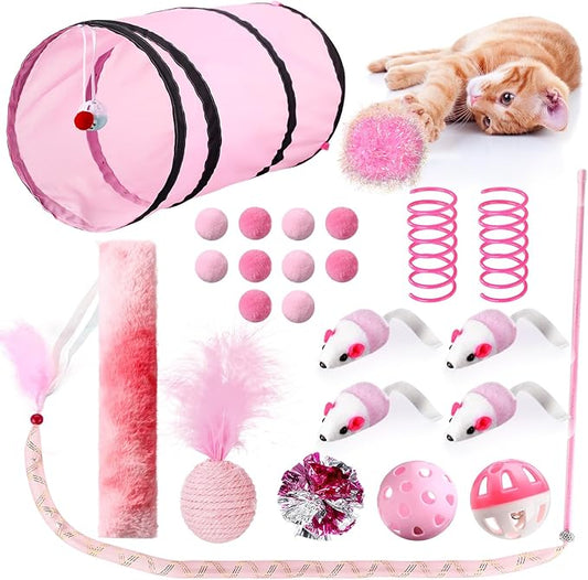 Foilswirl 24 Pcs Cat Toys Set Interactive Kitten Toys Pack Including Collapsible Play Tunnel Feather Teaser Wand Fuzzy Bal...