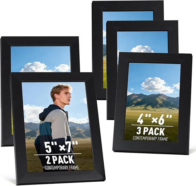 MAXECHO Picture Frame Set of 5, Two 5"x7", Three 4"x6", Black Gallery Photo Frame for Collage Wall and Tabletop Display Ho...