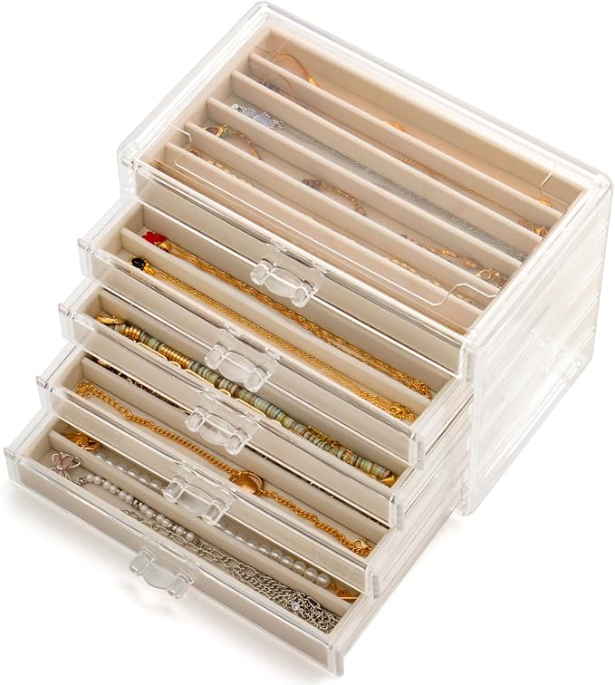 Necklace Organizer Box with 5 Drawers 30 Compartments, Dustproof Velvet Necklace Display Tray, Acrylic Necklaces Display C...