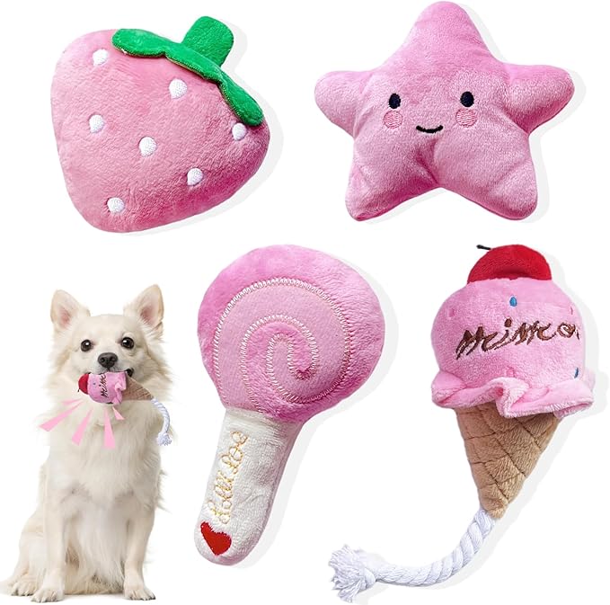 BMLTAQ Small Dog Toys, 4 Pack Pink Dog Squeak Toys, Puppy Toys for Small Dogs, Durable Plush Dog Toy Set, Soft Dog Chew To...