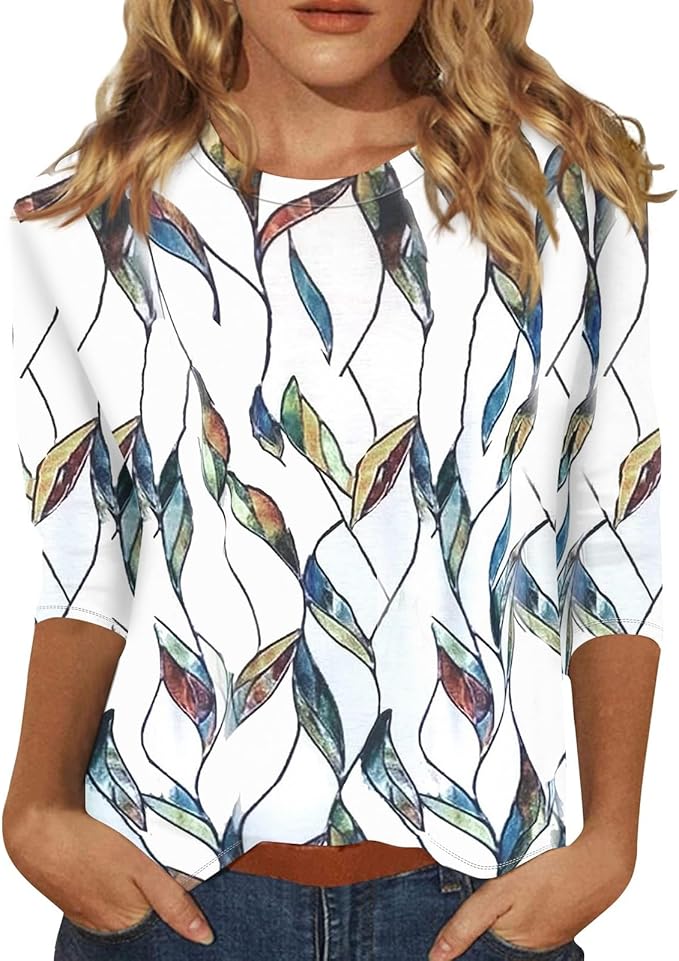 Womens Summer Top Dressy 3/4 Length Sleeve Shirts Floral Print Tunic Blouses 2025 Elbow Sleeve Womens Tops Casual Basic Tees