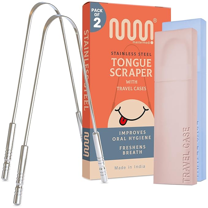 MasterMedi Tongue Scraper for Adults with Multicolor Travel Cases (2 Pack), 100% Stainless Steel, Reduce Bad Breath, Tongu...