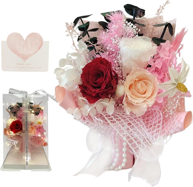 MS.ROXYQUE Preserved Flowers Bouquet Romantic Valentines Day Gift for Her LED Light 3 Preserved Real Rose for Delivery Chr...
