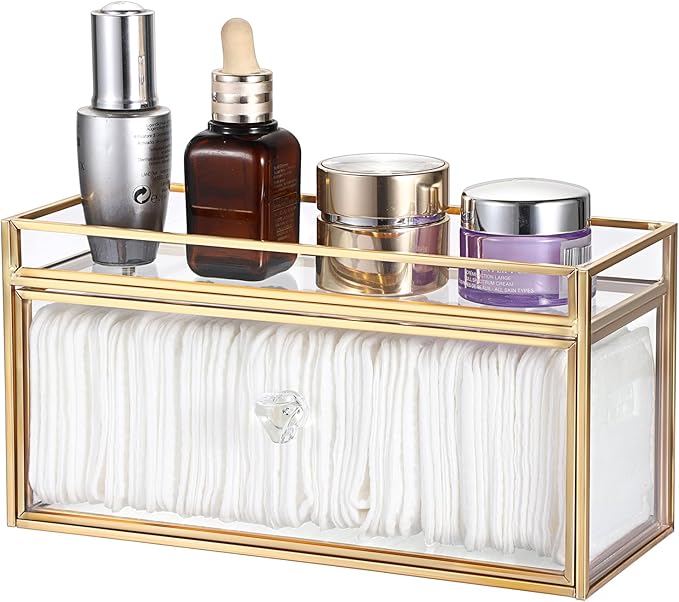 GUSHBIN Clean Pad Storage Box Gold Glass Pull and Out Drawer with Tray Rectangular Cotton Pads Holder Vanity Organizer for...