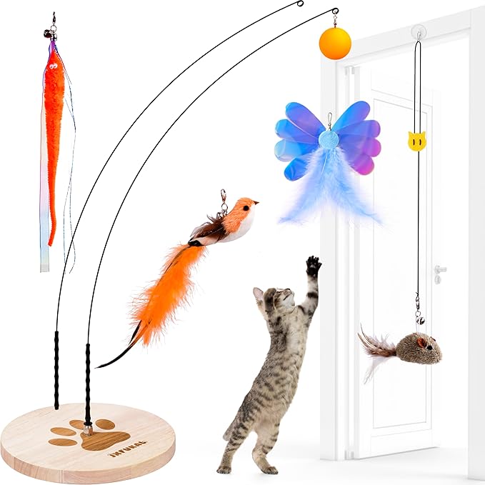 JXFUKAL Interactive cat Toy, Automatic Cat Wand Toy with Stable Wooden Base, 2 PCS Detachable Cat Teaser, 5PCS Refills Rep...