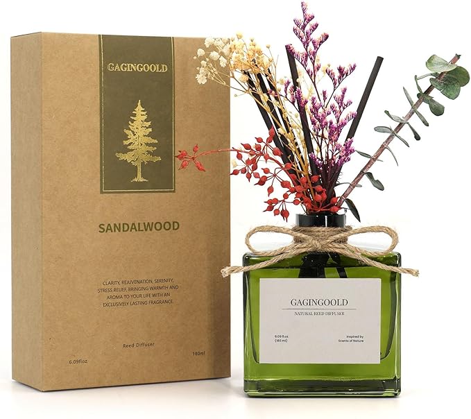 GAGINGOOLD Reed Diffuser, 6.09 oz Earthy Sandalwood Scent Diffuser with Sticks & Dried Flowers, 120 Days Long Lasting diff...