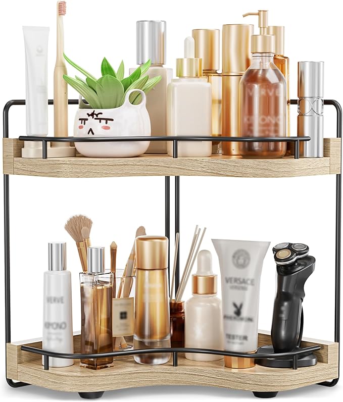 2-Tier Corner Bathroom Counter Organizer with Embedded Screw Holes, Secure & Stable Wood Vanity Shelf for Makeup and Skinc...