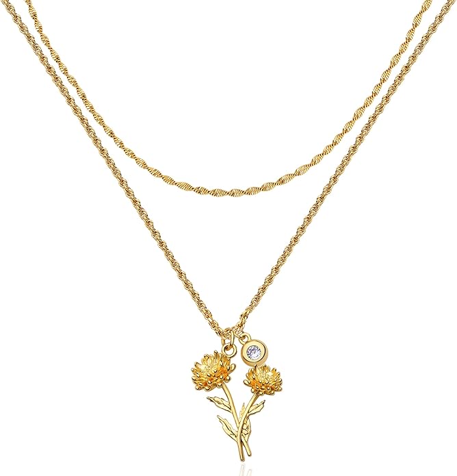 MTMY Birth Flower Necklaces for Women 18K Gold Plated Dainty Layered Birth Month Flower with Birthstone Pendant Necklaces ...