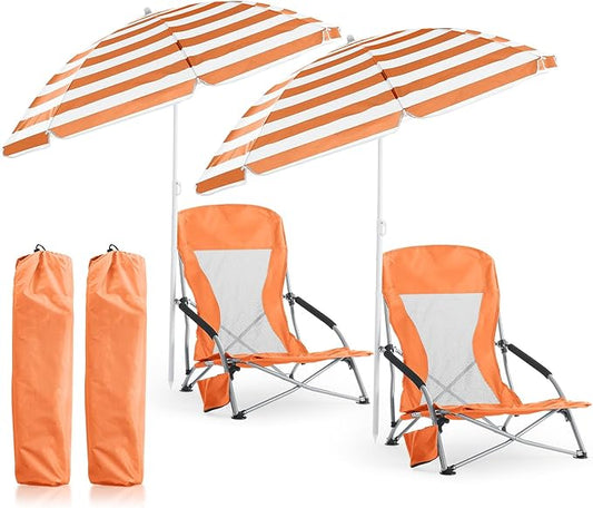 Huwena 2 Pack Beach Chairs with Umbrella for Adults, Low Folding Chair Set, Adjustable Detachable Umbrella, Lightweight Po...