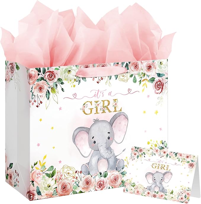 Laidans 13" Large Baby Shower Birthday Gift Bag for Girl with Tissue Papers and Card Pink Floral Elephant Design with Hand...