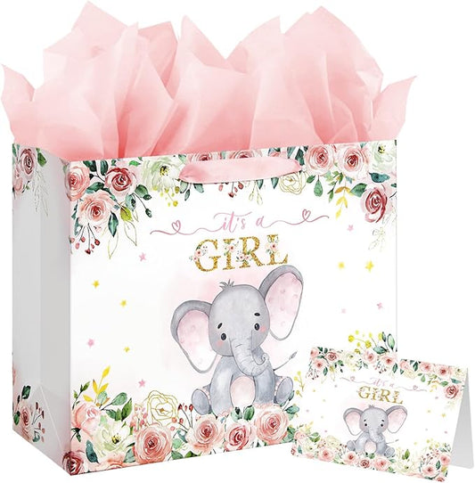 Laidans 13" Large Baby Shower Birthday Gift Bag for Girl with Tissue Papers and Card Pink Floral Elephant Design with Hand...