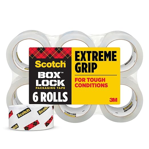 Scotch Box Lock Packing Tape, Clear, Extreme Grip Box Packaging Tape for Shipping and Mailing, 1.88 in x 54.6 yd, 6 Rolls