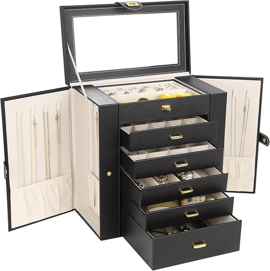 Kendal Extra Large Jewelry Box Jewelry Case PU Leather 6 Tier 5 Drawers Large Storage Capacity with Mirror Jewelry Storage...