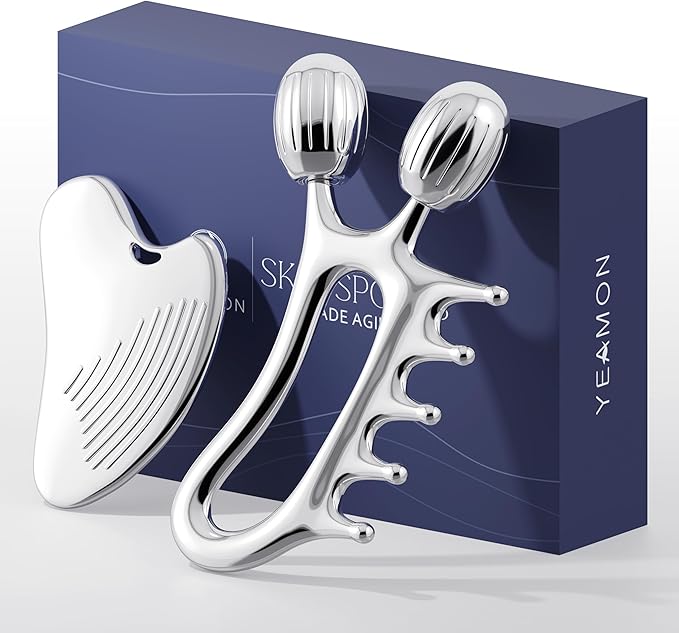 Yeamon Gua Sha Facial Tools, 3-in-1 Gua Sha & Roller & Comb Set, Upgraded No-Slip Textured Guasha, Metal Lymphatic Drainag...