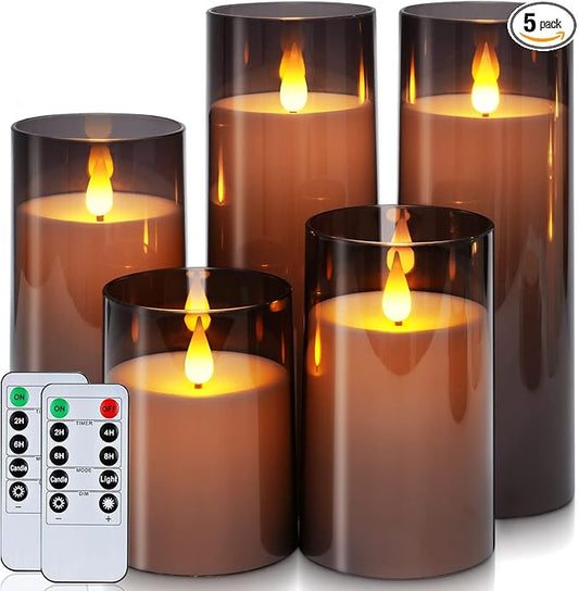 Homemory Gray Flickering Flameless Candles, Battery Operated Acrylic LED Pillar Candles with Remote Control and Timer, Hal...