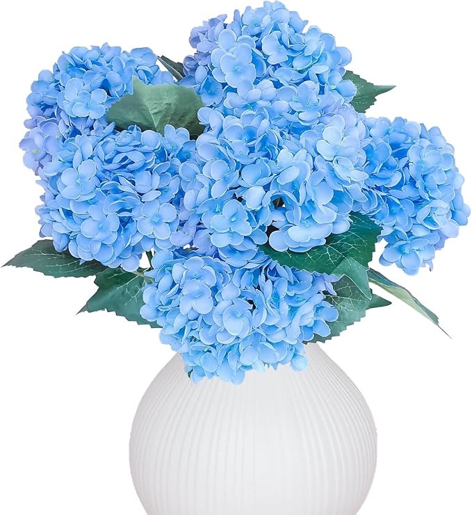 LA.PONEE 6PCS Premium Blue Silk Hydrangea Artificial Flowers Bouquets - Realistic Fake Hydrangea with Stems, Faux Flower A...