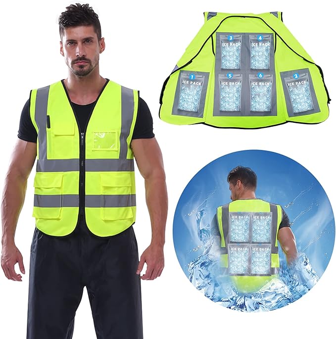 Cooling Safety Vest with 24Pcs Ice Packs - Ice Cooling Vest for Men Women Cool Vest for Hot Weather Work (Fluorescent Green)