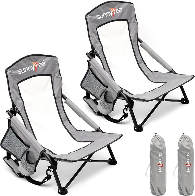 SUNNYFEEL Folding Low Camping Beach Chair 2 Pack, Lightweight Portable Lawn Chair with Mesh Back, Cup Holder for Outdoor/T...