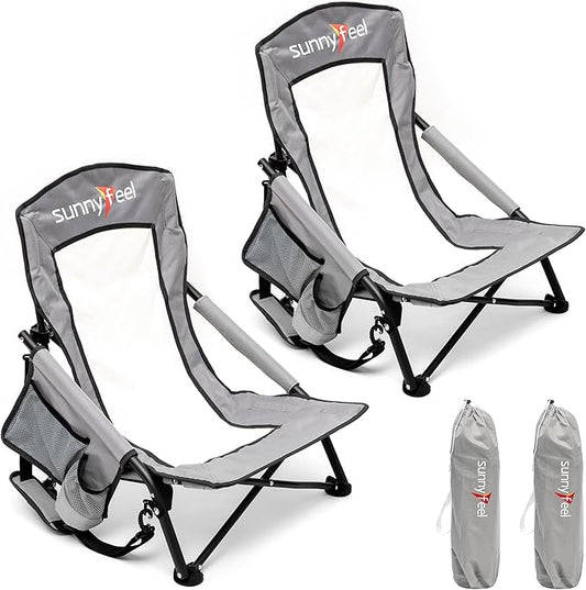 SUNNYFEEL Folding Low Camping Beach Chair 2 Pack, Lightweight Portable Lawn Chair with Mesh Back, Cup Holder for Outdoor/T...