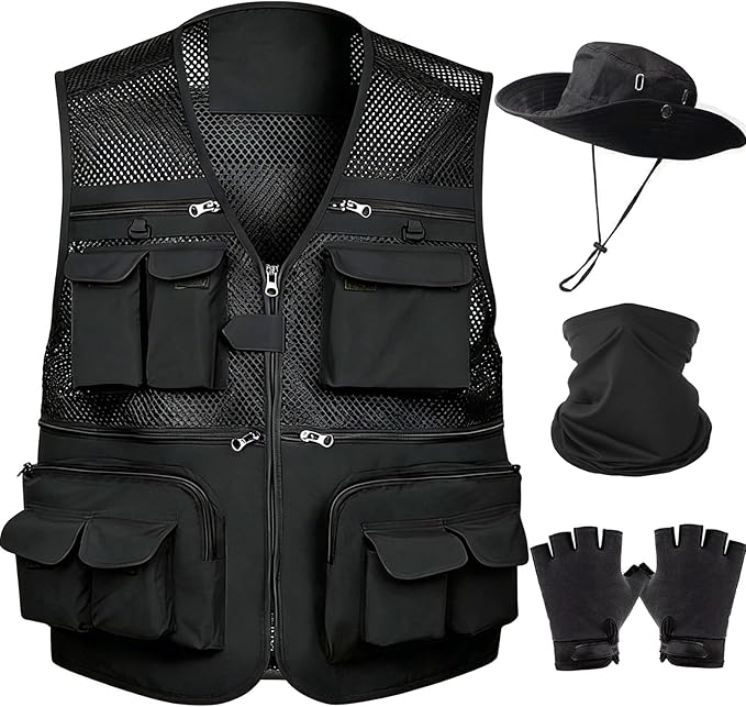 HUNTURE Fishing Vest,Pocket Travel Vest and Hat Gloves Neck Gaiter for Safari Hiking,Lightweight Work Cargo Vest for Men