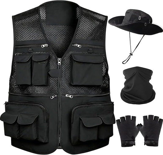 HUNTURE Fishing Vest,Pocket Travel Vest and Hat Gloves Neck Gaiter for Safari Hiking,Lightweight Work Cargo Vest for Men