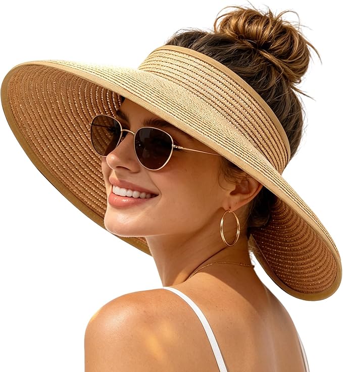 Sun Hats Visor for Women, UV UPF Straw Beach Hat Foldable Wide Brim Ponytail Summer Hats Packable Travel