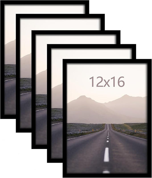 Fisnish 12x16 Picture Frame 5 Pack, Classic Black Poster Frame for Horizontal or Vertical Wall Mounting