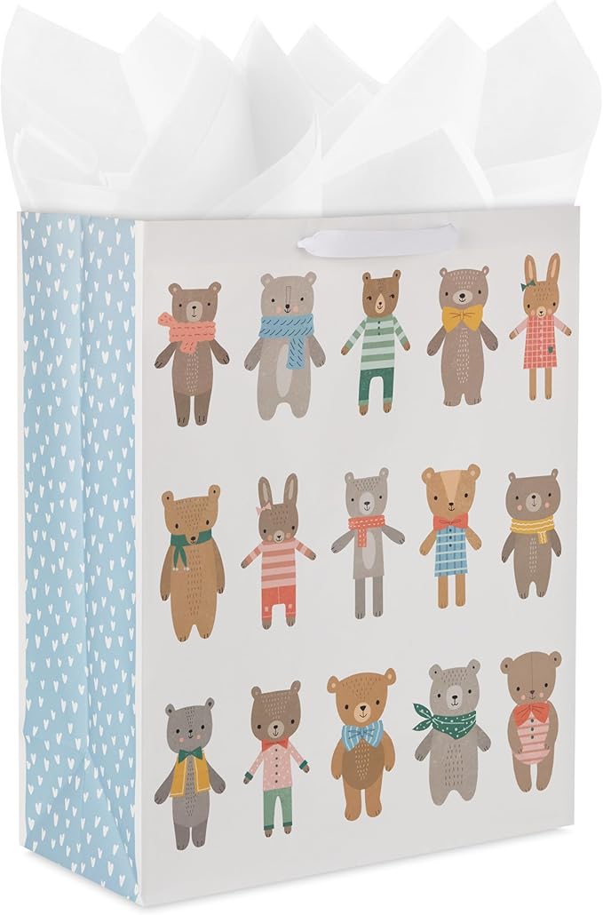 Hallmark 15" Extra Large Gift Bag with Tissue Paper (Bears and Bunnies) for Kids, Baby Showers, First Birthdays