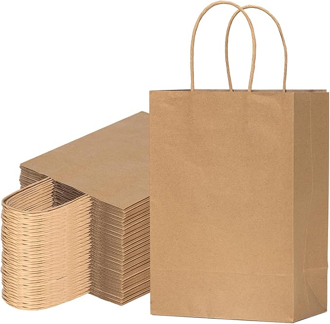 vanhel 50 PCS Gift Bags with Handles,8 x 4.25 x 10.5 Inches,Gift bag,Brown Paper Bags with Handles bulk, Shopping,Party, R...