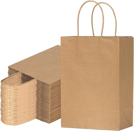 vanhel 50 PCS Gift Bags with Handles,8 x 4.25 x 10.5 Inches,Gift bag,Brown Paper Bags with Handles bulk, Shopping,Party, R...