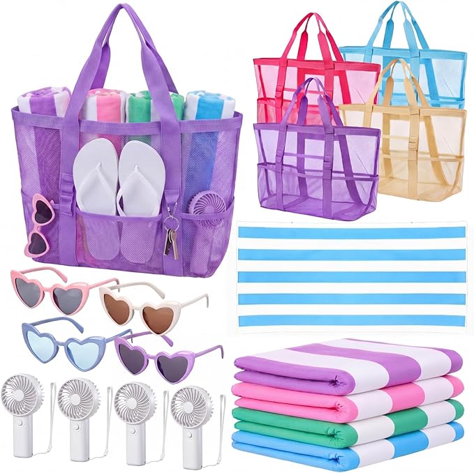 Threan 16 Pack Teacher Appreciation Gift Bulk Summer Beach Pool Party Favors Large Mesh Tote Beach Bags Pool Towels for Wo...