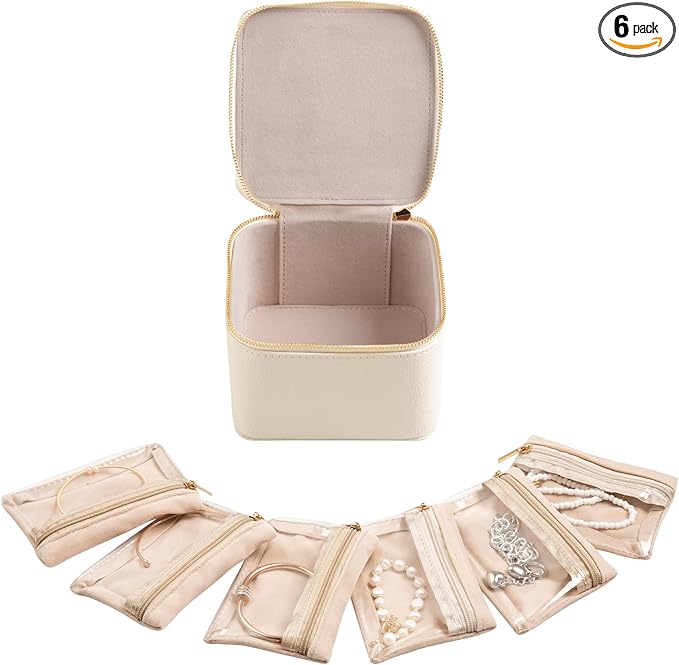 Frebeauty Small Travel Jewelry Box with 6 Pouch Bags, Portable Mini Jewelry Storage, 3.35 x 4.9 x 4.8 Inches, Gift Idea fo...