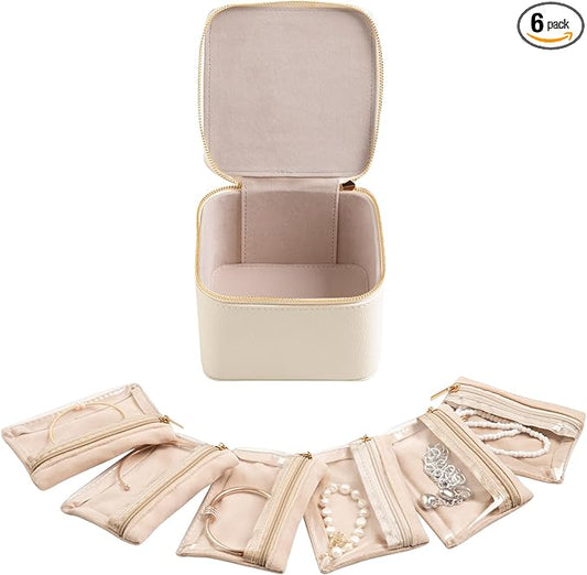 Frebeauty Small Travel Jewelry Box with 6 Pouch Bags, Portable Mini Jewelry Storage, 3.35 x 4.9 x 4.8 Inches, Gift Idea fo...