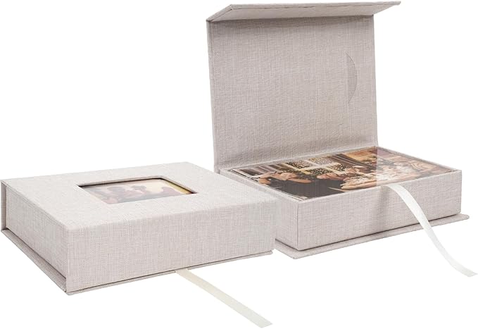 Hiwhy Linen Photo Storage Box, 4 x 6 Inch Memory Keepsake Organizer with Transparent Window, Stylish Photo Box for Storing...