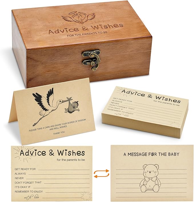 Natural Wooden Baby Shower Keepsake Box with 50 Pcs Advice & Wishes Kraft Cards - Elegant Guest Book Alternative – Rustic ...