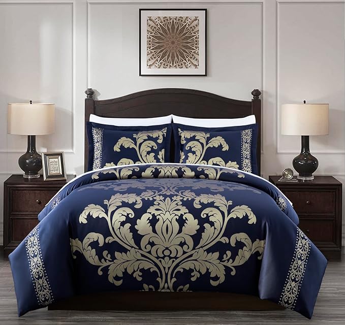 Chezmoi Collection Valor 7-Piece California King Bed in a Bag, Navy/Gold Luxury Jacquard Floral Comforter with Sheets Set ...