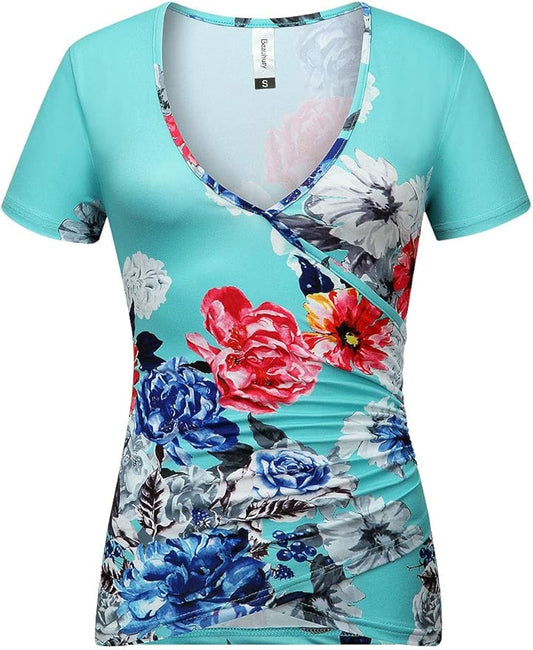 Beauhuty Women's Deep V Neck Short Sleeve Front Wrap Ruched Sexy Slim Fit Tops