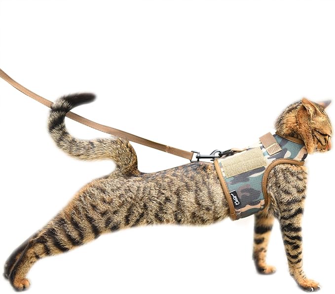 Yizhi Miaow Tactical Cat Harness and Leash for Walking Escape Proof Breathable Mesh Fabric, Green Jungle Camo, Large, Adju...