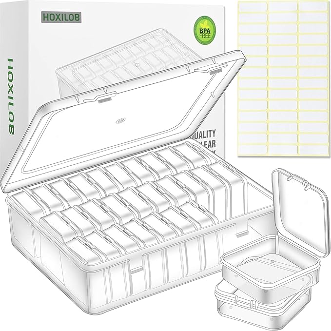 Bead Organizer Box, 30pcs Small Clear Plastic Storage Containers, Craft Storage Box Features Hinged Lid and Labels, Mini B...