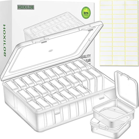 Bead Organizer Box, 30pcs Small Clear Plastic Storage Containers, Craft Storage Box Features Hinged Lid and Labels, Mini B...