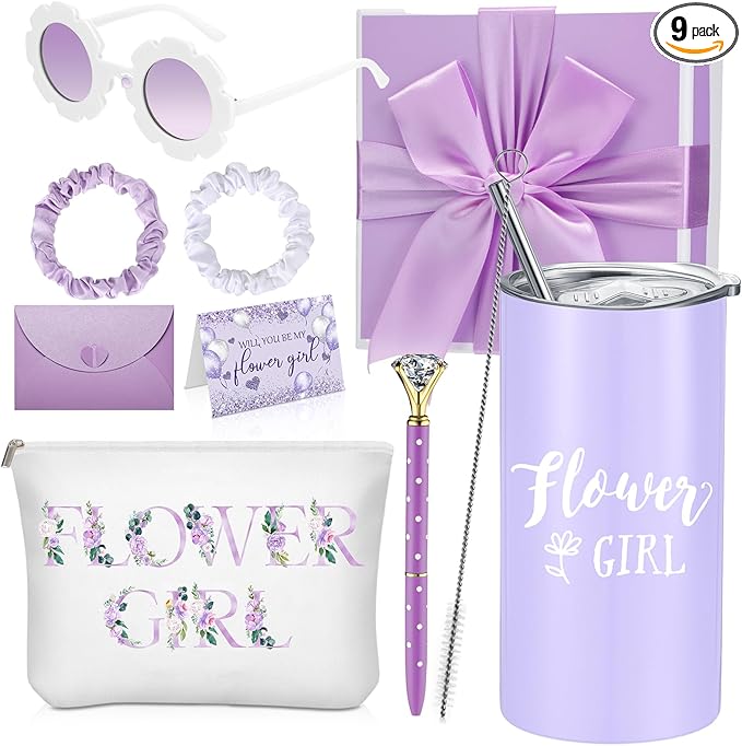 Sieral 9 Pcs Flower Girl Proposal Gifts Set Personalized Flower Girl Tumbler with Straw Bride Gift Box Canvas Bag Sunglass...