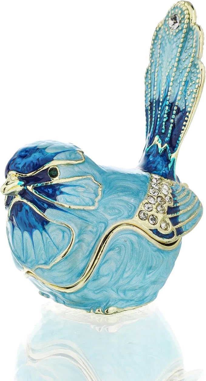 YU FENG Enamel Bird Trinket Box Jewelry Organizer, Hand Painted Decorative Hinged Keepsake Box – Blue Bird