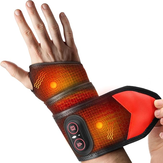 Cordless Wrist Hand Heating Pad Massage for Pain Relief, Rechargeable Heated Wrist Brace for Carpal Tunnel, Red Light Ther...