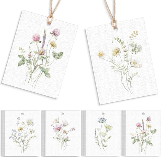AmazingSpark 50 Set Floral Blank Gift Tags with String, 2x3 in Watercolor Flower Paper Hang Tags for Mother's Day Bridal B...