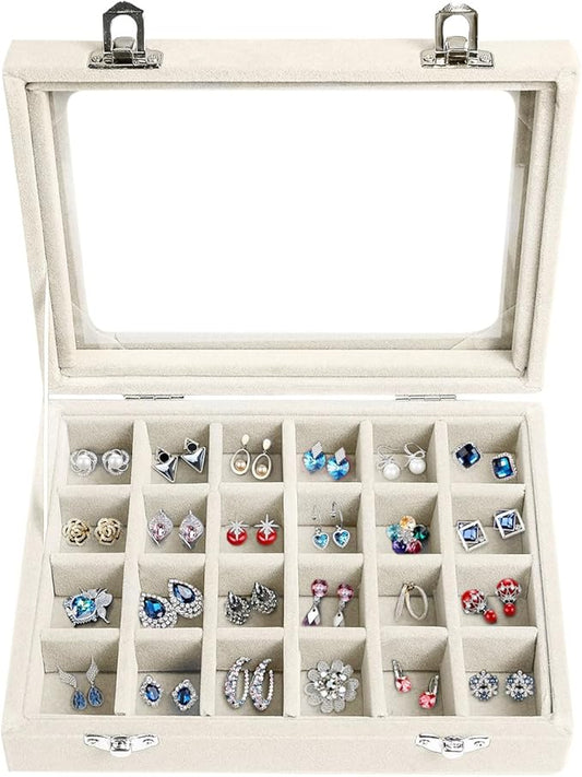 EONGOA Velvet Jewelry Box 24 Grid Jewelry Earrings Display Organiser Box Ring Tray Holder Earrings Storage Case for Girls ...