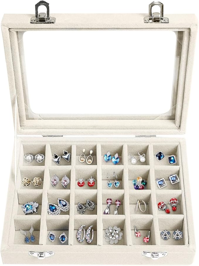 EONGOA Velvet Jewelry Box 24 Grid Jewelry Earrings Display Organiser Box Ring Tray Holder Earrings Storage Case for Girls ...