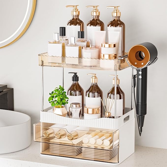 TasticTotes Bathroom Counter Organizer with Hairdryer Holder, 2-Tier 2-Drawer Shower Organizer for Skincare, Makeup Cosmet...