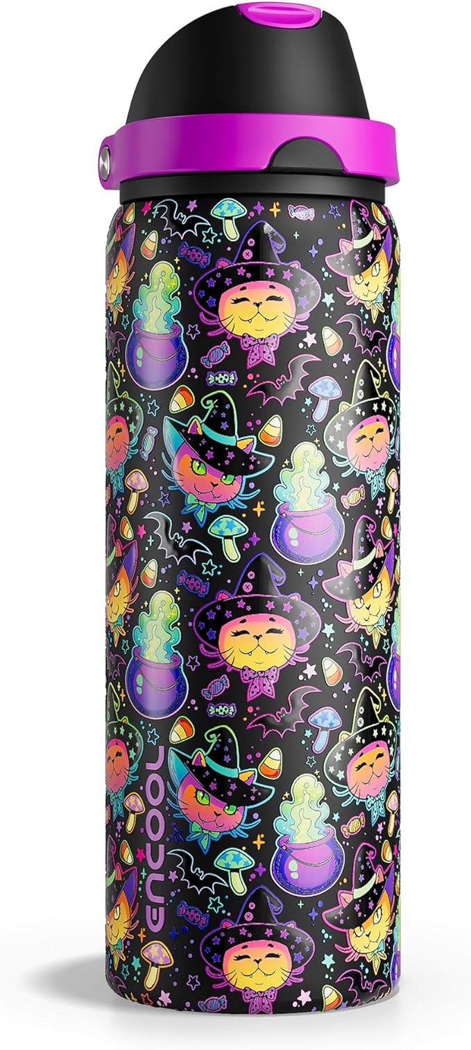 Insulated Water Bottle with Straw - Encool Stainless Steel Water Bottle with Push Button Lid, Leak-Proof & BPA-Free, Keeps...